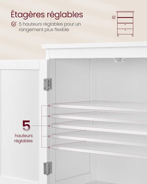 VASAGLE Armoire de Salle de Bain, Meuble de Rangement, Placard de Cuisine avec 2 Portes, 2 Tiroirs, Étagères Réglables, 30 x 60 x 110 cm, Blanc BBC551P31 – Image 5