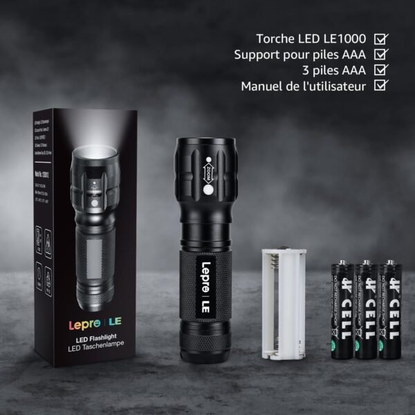 Lighting EVER Lepro Lampe Torche L8000 Puissante, Lampe de Poche Zoomable Étanche IPX4, 3 AAA Piles Compris, LED Militaire en Aluminium pour Camping, Randonnée, Urgences – Image 8
