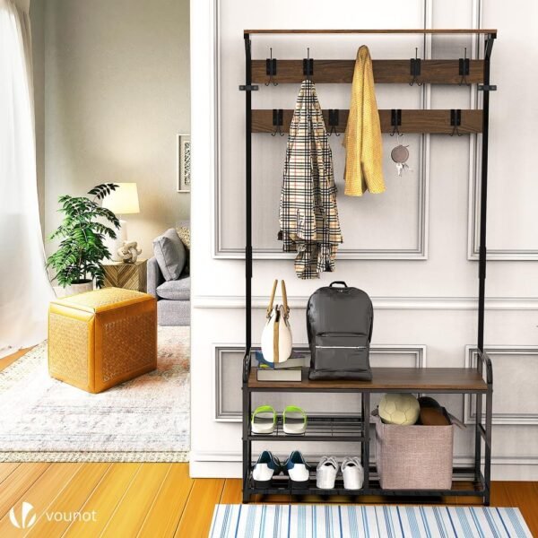 vounot® Porte Manteau pour Entrée 4 en 1 avec Banc et Étagère à Chaussures 3 Niveaux avec 9 Crochets Amovibles Meuble d’Entrée 185x85x33cm Cadre en Acier Robuste Système Anti-basculement – Image 2