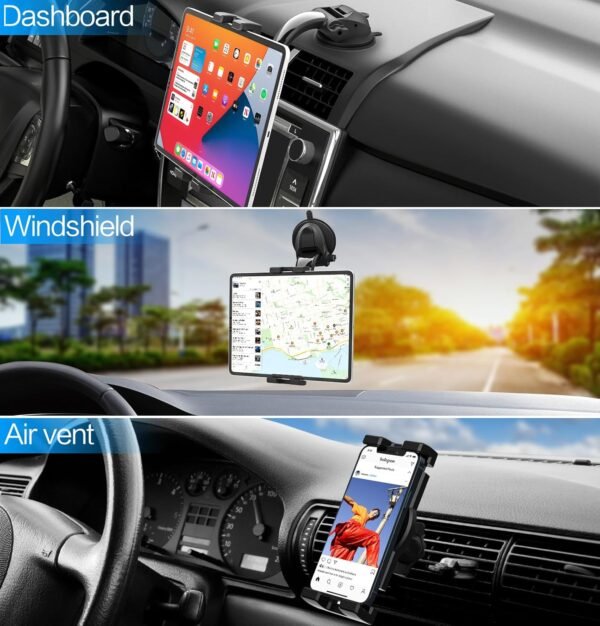 woleyi Porte Tablette Ventouse Voiture Avant, Support Tablette Voiture Tableau de Bord Ventilation Pare-Brise, Fixation Universel Voiture pour iPad Pro Air Mini, Galaxy, Téléphone & Tablet 4-12.9" – Image 2