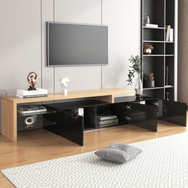JOROBURO Meuble TV Moderne avec lumières LED Variables, 3 Portes et étagères en Verre – Buffet élégant pour Salon (Blanc) (Noir) – Image 9