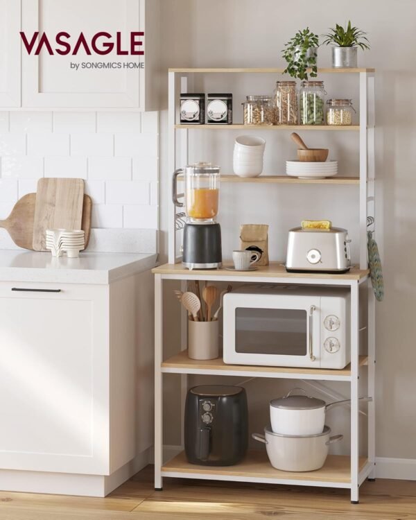 VASAGLE Étagère de Cuisine, Étagère pour Machine à Café, 6 Étagères et 6 Crochets, pour Four à Micro-Ondes, Cadre en Acier, Style Industriel, 40 x 80 x 167 cm, Couleur Chêne et Blanc KKS019W09 – Image 3
