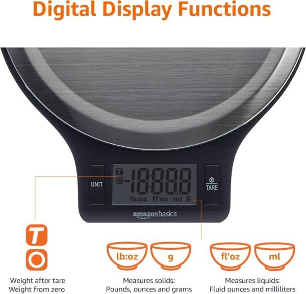 Amazon Basics Balance de cuisine numérique, sans bisphénol A, en acier inoxydable avec affichage LCD (piles fournies), Noir – Image 3