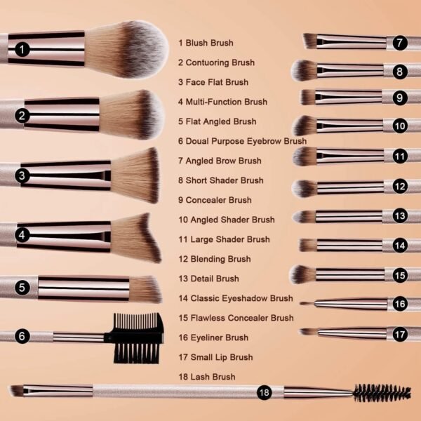 18PCS Pinceau maquillage,Set Pinceaux maquillages professionnel pour fond de teint, mélange de poudre, fard à joues,contour des yeux, pinceaux de maquillage avec champagne doré – Image 3