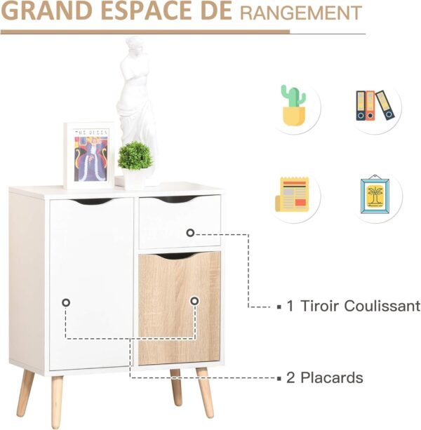 HOMCOM Buffet Meuble de Rangement Design scandinave 2 placards tiroir Coulissant Bois Blanc chêne Clair – Image 4