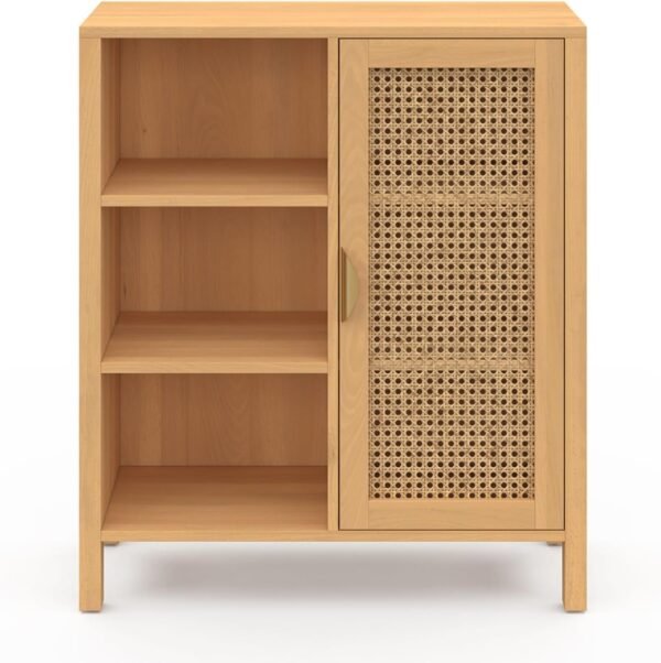 IDMarket - Buffet d'appoint 3 étagères et Placard 70 cm EDHEN Bois et cannage – Image 5