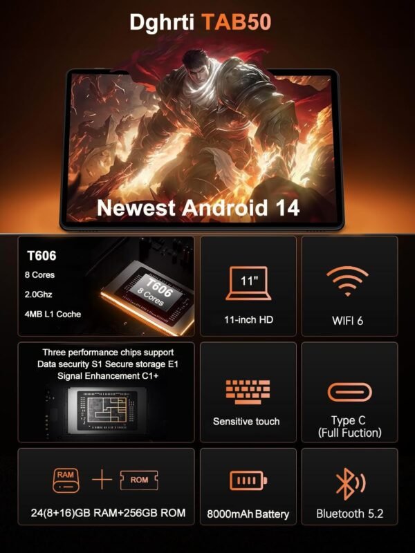 Tablette 11 Pouces Android 14, Tablet Tactile, 24Go + 256Go, TF 1TB Extensible, 8000 mAh, UFS 2.2 Flash | 13MP + 5MP | Face ID | Widevine L1 | GMS Certified | 8-Cores 2.0 GHz | GPS | BT5.0- Gris – Image 2
