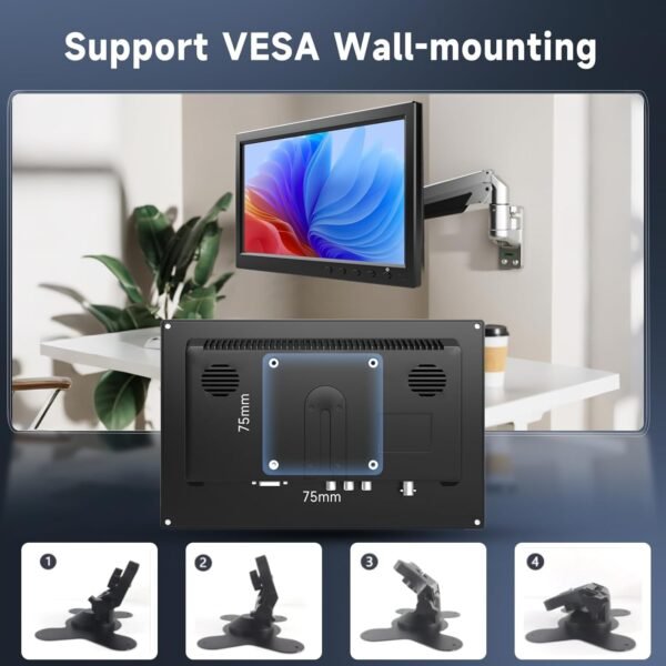 podofo Mini Moniteur LCD 10,1 Pouces, Moniteur Portable pour Ordinateur/Surveillance/caméra arrière, avec entrée HDMI/VGA/AVI/BNC/USB, Moniteur HDMI pour Le Jeu, DC 9-30V – Image 2
