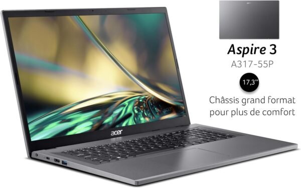 Acer Aspire 3 A317-55P-C8DB, Ordinateur Portable 17.3" Full HD IPS, PC Portable (Intel Processeur Celeron N100, Ram 4Go, SSD 128Go, Intel UHD Graphics, Windows 11 Famille) Clavier AZERTY, Laptop Gris – Image 4