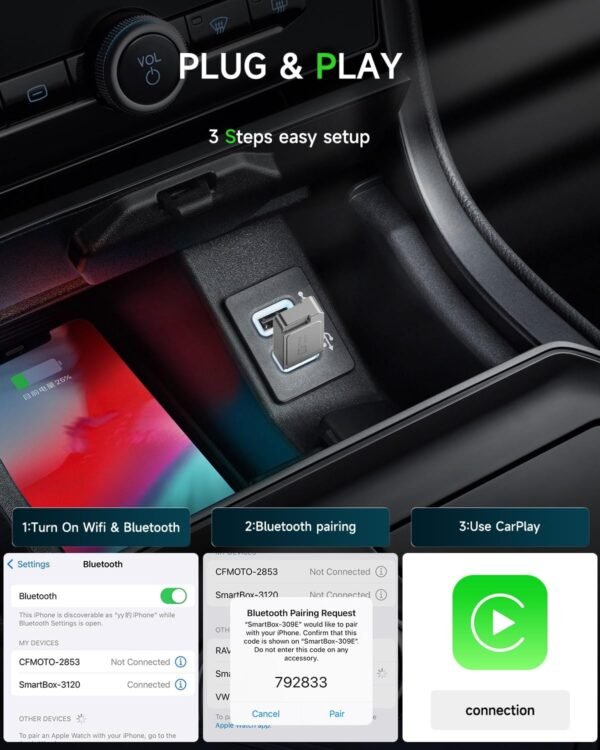 Spedal Mini Adaptateur CarPlay & Android Auto sans Fil pour iPhone, Bluetooth 3.0, Wi-FI 5,8GHz, iOS 10+/Android 10+, Reconnexion Automatique (Gris) – Image 3
