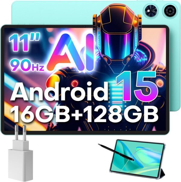 TECLAST P50AI Tablette Android 15 Tablette 11 Pouces 90Hz, Gestuel IA, 2.0GHz Octa-Core, HDMI-Type C, Mode PC, 16Go+128Go(4To TF), 7000mAh/Widevine L1/BT5.4/13MP+8MP, avec étui + Stylet, 2025