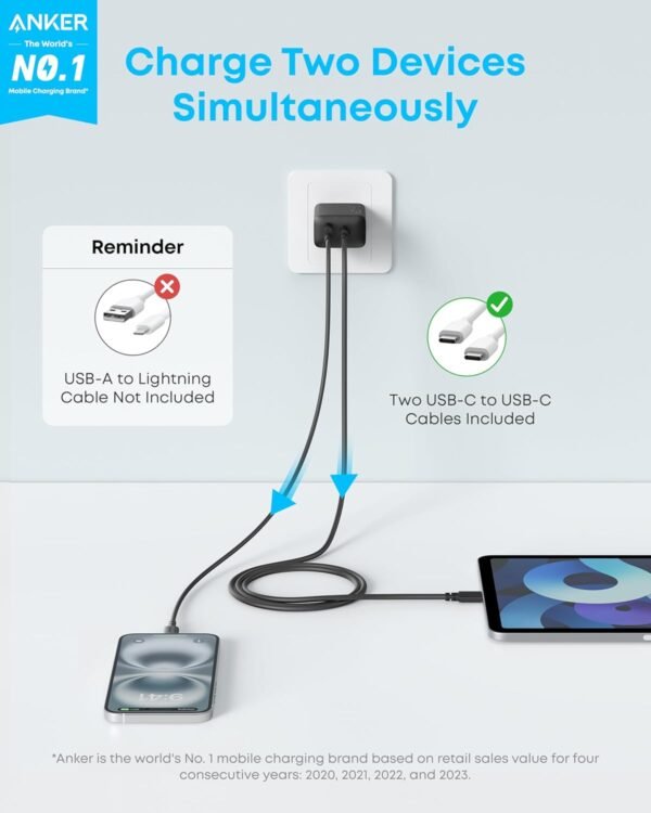 Anker Chargeur (20 W, 2 Ports, Lot de 2) avec 2 câbles USB-C – Image 2
