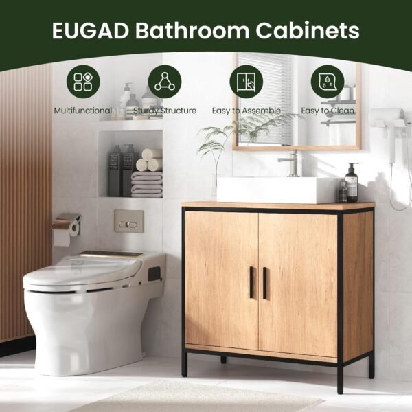 EUGAD Meuble sous Lavabo 60x30x60 cm, avec Cloison Réglable en Hauteur, Armoire sous Vasque, en Bois Artificiel Chêne Clair et en Métal Noir – Image 4