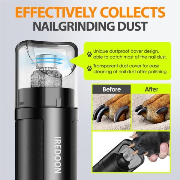 IREDOON Lime à Ongles Chien, Coupe-Ongles électrique Rechargeable Professionnel à 3 Vitesses pour Animaux de Compagnie avec 4 lumières LED, Silencieux (40DB) avec Capuchon Anti-poussière (Noir) – Image 3