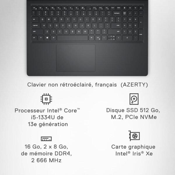 Dell Inspiron 15 (3530) - Ordinateur Portable 15,6'' Écran FHD 120 Hz, Intel Core i5-1334U, 16 Go RAM, 512 Go SSD, Intel Iris XE, Windows 11 Home, Clavier AZERTY - Noir Carbone – Image 6