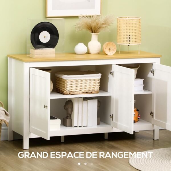 HOMCOM Buffet Meuble de Rangement avec 3 Portes 2 étagères réglables Plateau Aspect Bois Clair - 120 x 40 x 70 cm Blanc – Image 4