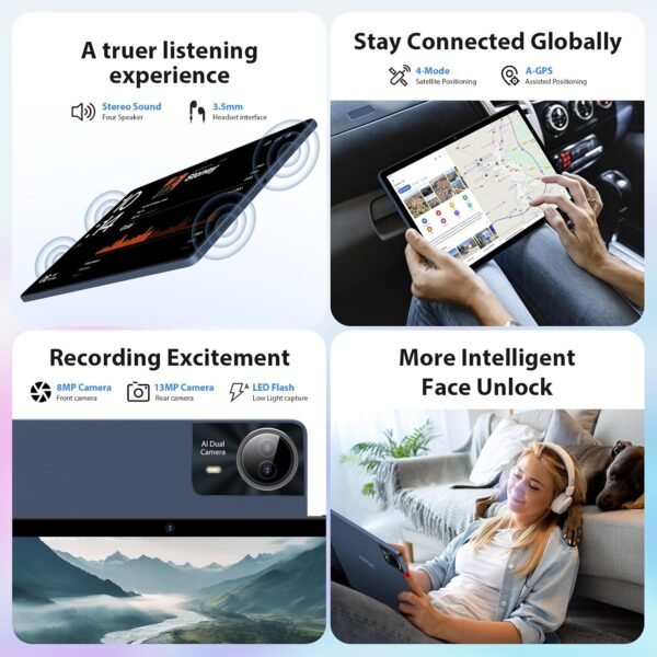 PIXPEAK 2.5K Tablette 14 Pouces, 4G Lte/5G WiFi, INCELL 2240 x 1400 FHD, 11580mAh, 36GB RAM, 256GB ROM (Extension 2TB), Android 14.0, Octa-Core, 13MP+8MP, Tablette Tactile avec étui/GPS/Bluet (Bleu) – Image 6