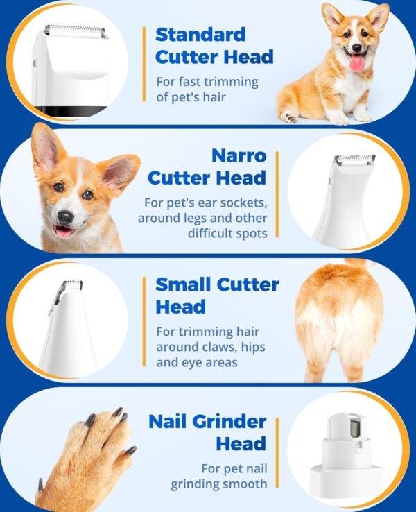oneisall 4 en 1 Tondeuse chien set, Silencieuse Tondeuse pour chien,Sans Fil Fondeuse Toilettage pour Animaux avec 4 têtes de coupe multifonctions pour Chat et Chien (Blanc) – Image 5