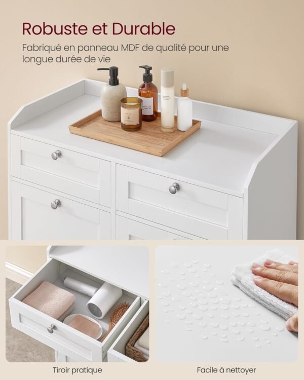 VASAGLE Meuble de Salle de Bain, Panier à Linge, Placard de Rangement, avec Sac Intérieur Amovible avec Poignées, 2 Tiroirs et 2 Paniers à Linge, 40 x 78,9 x 80,2 cm, Blanc Nuage BBC751W01 – Image 6