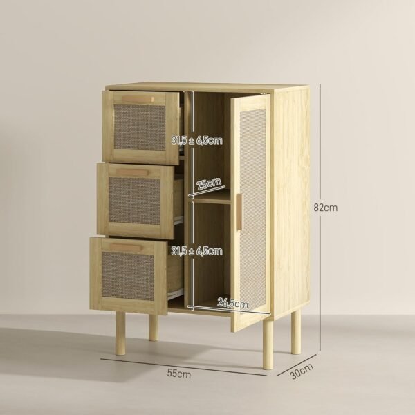 HOMCOM Meuble Salle de Bain, Meuble de Rangement avec tiroir, Placard, étagères réglables et Porte à rotin, Armoire pour Salle de Bain Salon Cuisine, Style bohème, 55 x 30 x 82 cm, chêne – Image 3