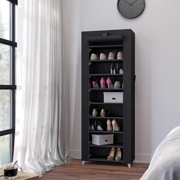 SONGMICS Étagère à Chaussures en Tissu à 10 Niveaux, Meuble de Rangement 28 x 58 x 160 cm, avec Housse de Protection, Chaussures de Sport, Talons Hauts, Pantoufles, Cadre en Métal, Noir RXJ10H – Image 8
