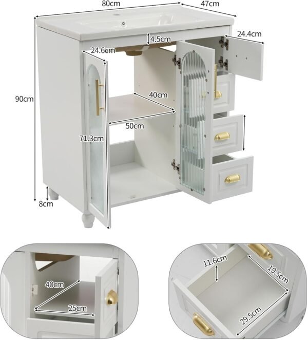 Meuble De Salle De Bain avec 4 Tiroirs Et 2 Porte Vitrée, Étagères Réglables, Meuble sous Vasque Simple 80 cm Vasque en Céramique, Poignée Dorée, Blanc – Image 2