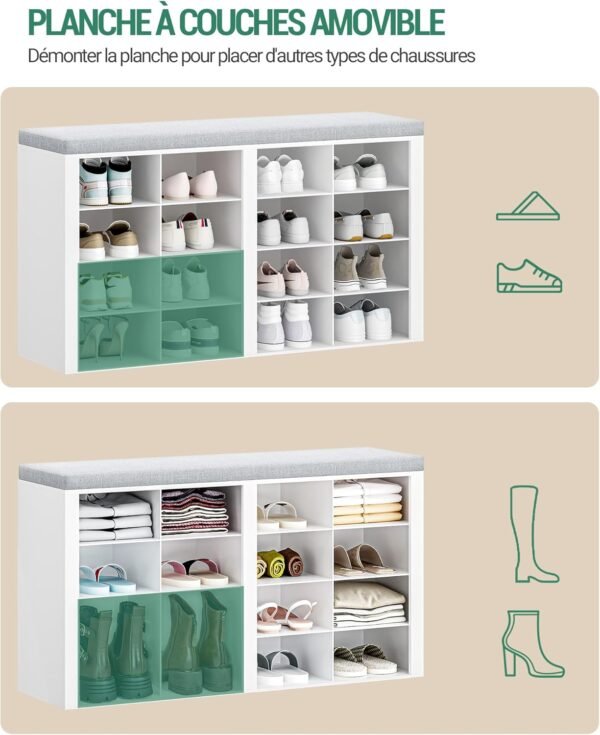 Hzuaneri Banc à Chaussures, Support à Chaussures avec Siège, Banc avec Rangement, Coussin, 16 Compartiments, pour Salon, Couloir, Chambre, Blanc-Gris SB25603GY – Image 8
