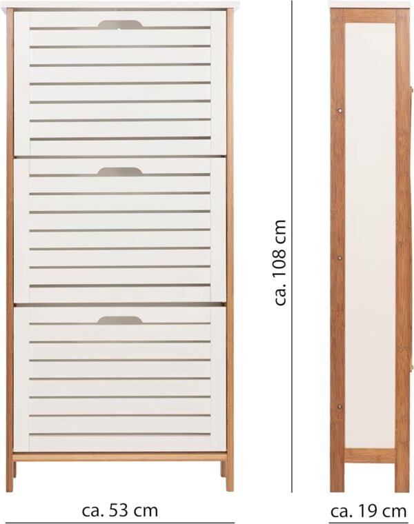 ONVAYA® Armoire à chaussures en bambou blanc - Peu encombrant avec 3 rabats - Meuble à chaussures étroit avec espace pour 9 paires de chaussures - Matériau robuste avec découpes pour la circulation de – Image 3