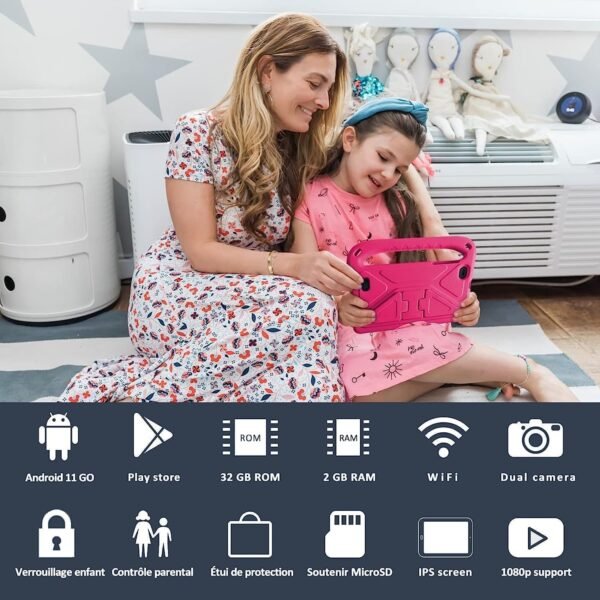 SUAAT 2025 Andriod Tablette 7 Pouces pour Enfants, 32GB ROM Bluetooth, éducation + Jeux, Double caméra, contrôle Parental,Espace Enfants,Type C-Rose
