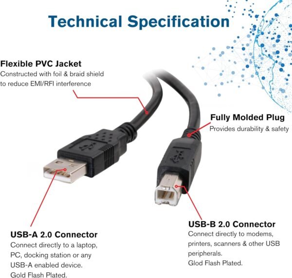 C2G Câble d'imprimante USB 2.0 A vers B Compatible avec imprimantes et scanners de HP, Epson, Brother, Samsung, Cannon et Tous Les Autres appareils USB A/B Noir 3 m – Image 3