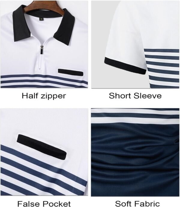 crazy bean Polo à Manches Courtes Homme col Zippé Tee Shirt Homme col V Rayé Polo Été Vetement avec Fausse Contrasté pour Travail Tennis Golf Casual Cadeau – Image 5