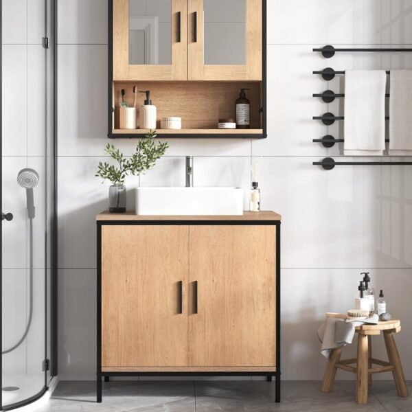 EUGAD Meuble sous Lavabo 60x30x60 cm, avec Cloison Réglable en Hauteur, Armoire sous Vasque, en Bois Artificiel Chêne Clair et en Métal Noir – Image 8