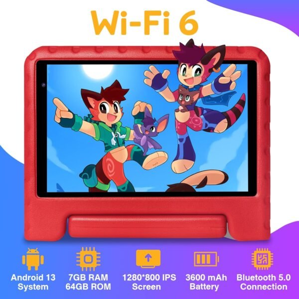 YESTEL Tablette Enfants avec WiFi 6, Android 13, 7Go RAM + 64Go ROM (1TB TF), Tablette Educative 8 Pouces HD Écran IPS 1280 * 800, Contrôle Parental, Étui Antichoc EVA, Rouge – Image 2