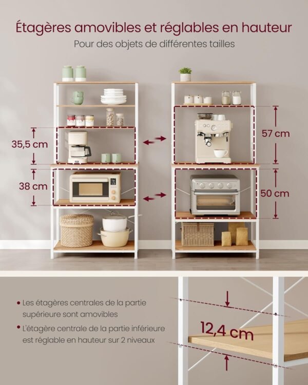 VASAGLE Étagère de Cuisine, Étagère pour Machine à Café, 6 Étagères et 6 Crochets, pour Four à Micro-Ondes, Cadre en Acier, Style Industriel, 40 x 80 x 167 cm, Couleur Chêne et Blanc KKS019W09 – Image 7