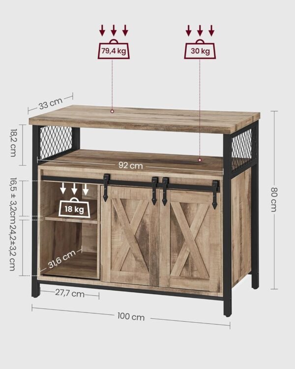 VASAGLE Meuble de Rangement, Buffet Cuisine, Commode, avec 2 Portes Coulissantes, 33 x 100 x 80 cm, Étagères Réglables, pour Salon, Marron Camel et Noir d'encre LSC092B50 – Image 3
