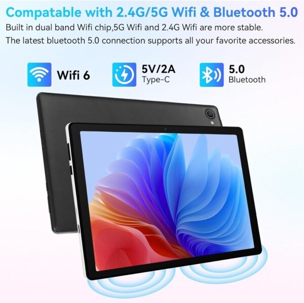 Ainmel Tablette 10 Pouces, Android 14 Tablette Processeur Octa-Core, 8GB+64GB(TF 1TB), 1280 x 800 HD IPS Wi-FI 6 /Widevine L1/5000mAh/Double Caméra/Identification Faciale Tablettes PC (Noir) – Image 4