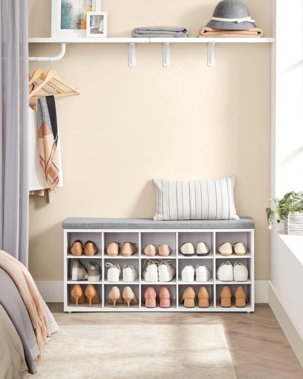 VASAGLE Banc à Chaussures, Organiseur de Chaussures avec 15 Compartiments, Siège Rembourré, pour Entrée, Couloir, Placard, Blanc Nuage et Gris Tourterelle LHS15WT – Image 4