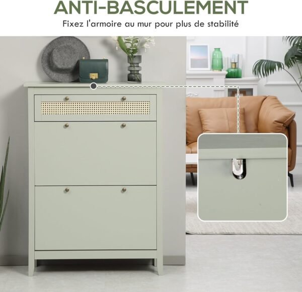 HOMCOM Meuble à Chaussures, 2 Portes battantes, 2 tiroirs réglables, bohème Chic en Bois Effet rotin – Image 7