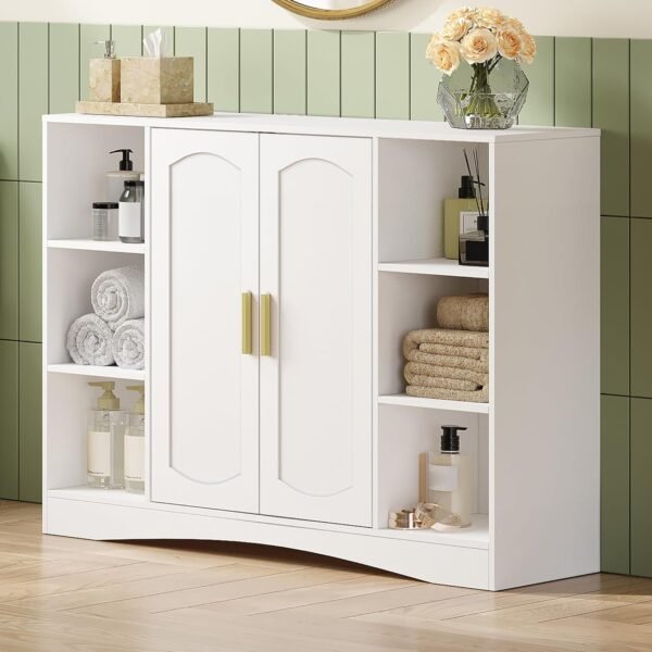 HEXCELEN Meuble de Salle de Bain, Meuble de Rangement, Placard Rangement avec 2 Portes, Armoire de Salle de Bain, Étagères Réglables, Compartiment Ouvert, Armoire Basse, Salon, Blanc, 30 × 100 × 75 cm