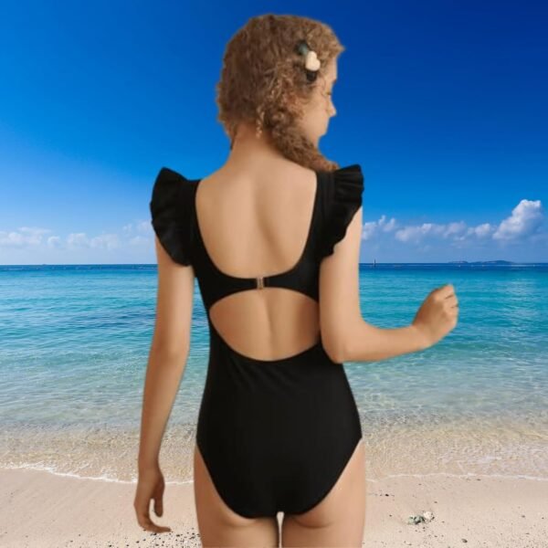 Momkonzz Maillot de bain une pièce pour filles - Bretelles à volants - Noir - 7-16 ans – Image 3