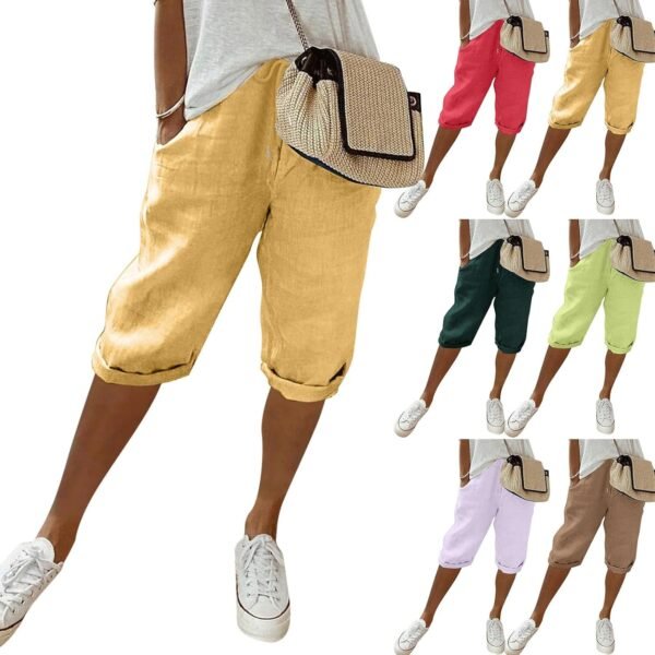 Short longueur genou pour femme Taille élastique Pantalon d'été décontracté Solide et léger Short court long avec poches Tenue Sport Femme Vetement Femme Chic – Image 7