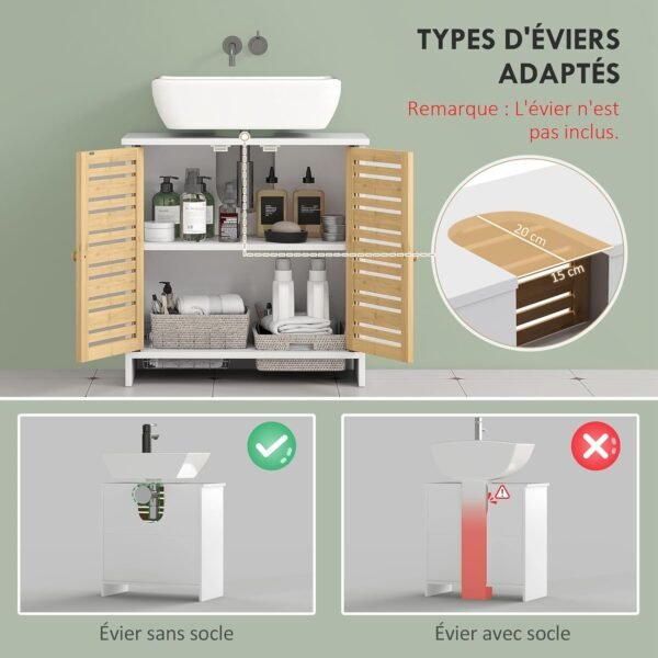 HOMCOM Meuble sous Vasque Meuble de Salle de Bain 2 Portes avec étagère réglable Armoire de Rangement pour lavabo 60 x 30 x 60 cm en Bambou Naturel et Blanc – Image 4