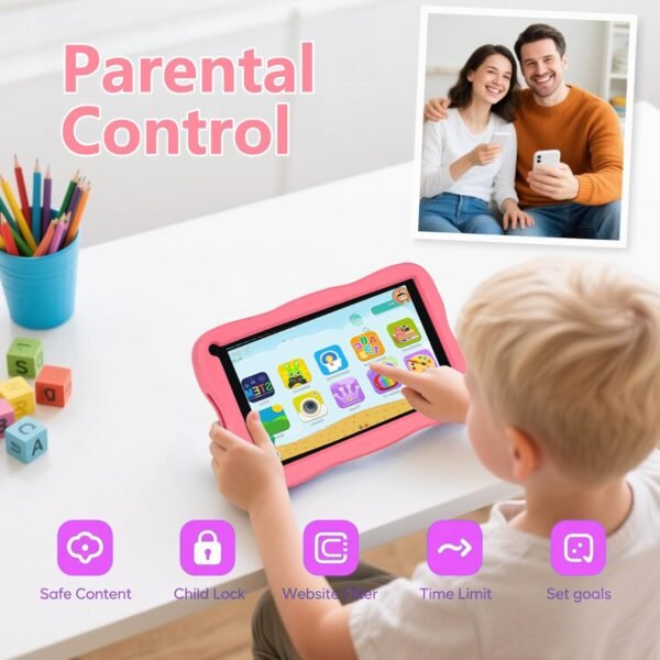 SUMTAB Tablette Enfants 7 Pouces Android Tablette pour Enfant avec 8GB RAM+64GB ROM(TF 256GB), Contrôle Parental, WiFi, Bluetooth, Kids Tablette Tactile Éducative avec Kid-Proof Étui(Rosa) – Image 5