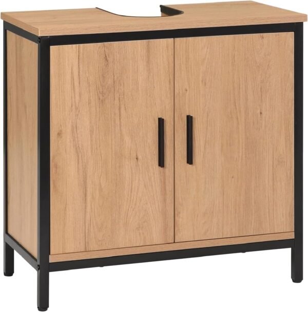 EUGAD Meuble sous Lavabo 60x30x60 cm, avec Cloison Réglable en Hauteur, Armoire sous Vasque, en Bois Artificiel Chêne Clair et en Métal Noir