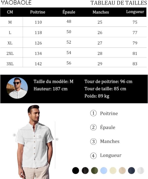 YAOBAOLE Chemise Lin Homme Manche Courte Boutons Col Mao Casual Chemise Été Leger Plage Classique Traditionnelle Unicolore – Image 6