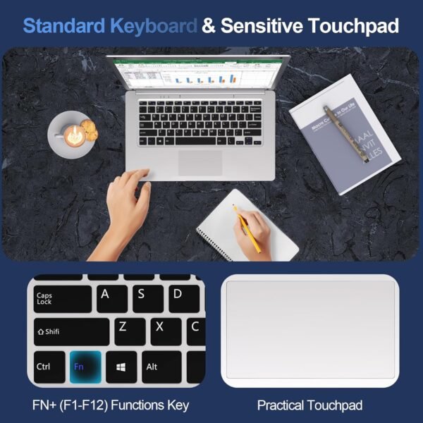 Ordinateur Portable 14 Pouces 6 Go RAM, 128 Go SSD Celeron Processeur Dual Core Portable PC 1366*768 IPS Laptop PC Sans Fil WiFi& Bluetooth 4.2 HDMI*1 USB3.0*2 4000mAh Batterie Inclus Membrane Clavier – Image 8