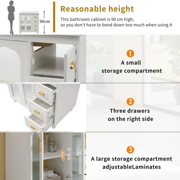 Meuble De Salle De Bain avec 4 Tiroirs Et 2 Porte Vitrée, Étagères Réglables, Meuble sous Vasque Simple 80 cm Vasque en Céramique, Poignée Dorée, Blanc – Image 7