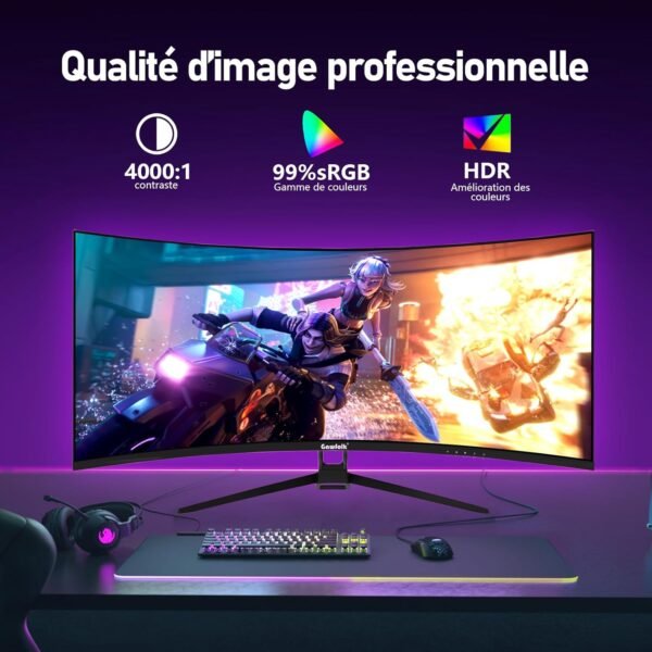 Gawfolk Écran PC Ultra Large 34 Pouces 1500R incurvé 144Hz Gaming Computer Moniteur,21:9 UWQHD(3440x1440),Adaptive Sync，HDR，178 ° Angle Vue，DisplayPort、HDMI，VESA 75 * 75MM-Noir – Image 6