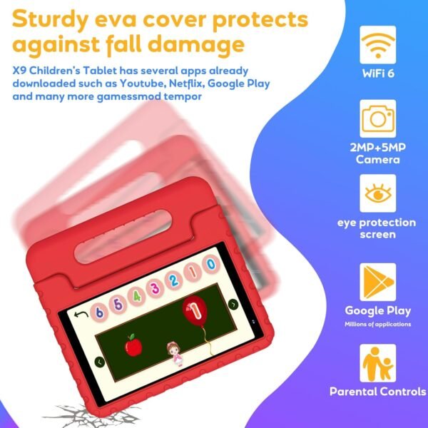 YESTEL Tablette Enfants avec WiFi 6, Android 13, 7Go RAM + 64Go ROM (1TB TF), Tablette Educative 8 Pouces HD Écran IPS 1280 * 800, Contrôle Parental, Étui Antichoc EVA, Rouge – Image 4