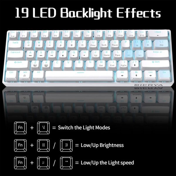 Dierya Clavier Gamer Mécanique 60% Câblé avec Interrupteur Marron,DK61se Clavier Gaming Rétroéclairage Bleu Glacier,Type-c Mechanical Keyboard Compact 61 Touches Anti-ghosting-US Layout,Blanc – Image 4